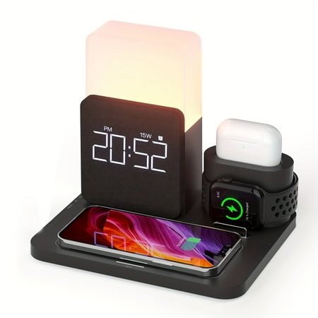 Wireless Charging Station, iPhone 3 in 1 Fast 15W Wireless Charger with Alarm Clock and Night Light, Charging Dock for iPhone 12/13/14/15/16 Pro/Pro Max, Samsung, AirPods