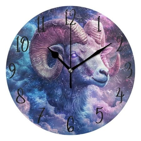 WOBOGO Aries Blue Purple Pattern Wall Clock 10in Silent Mechanism Battery Operated Retro Style for Living Room Bedroom and Kitchen Black Pointer