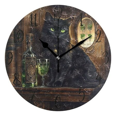 WOBOGO Black Cat with Absinthe Wall Clock 10in Silent Mechanism Battery Operated Retro Style for Living Room Bedroom and Kitchen Black Pointer