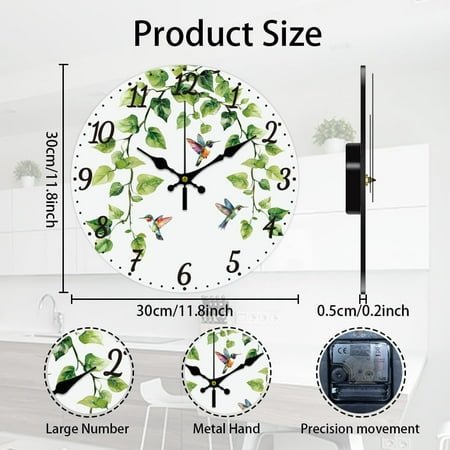 Wood 12inch Ivy Hummingbird Wall Clock Battery Operated Silent Non Ticking Round Decorative Clock for Office Home Living Room Bedroom Bathroom Kitchen Decor