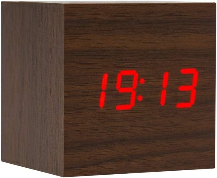 Wooden Alarm Clock - Cube LED Digital Clock with Time/Date/Temperature Display