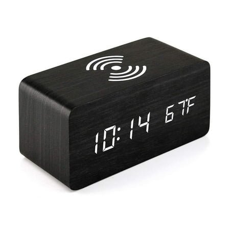 Wooden Digital Alarm Clock , Fast Wireless Charger Station , Sleep Timer, Wood LED Clock for Bedroom, Bedside, Desk,Ebony，G36395