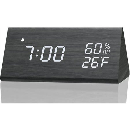Wooden Digital Alarm Clock Triangle Electronic LED Time Display with Humidity & Temperature 3 Alarm Setting Adjustable Brightness Wood Made Voice Control Desk Clock for Bedroom Bedside Gift for Frien