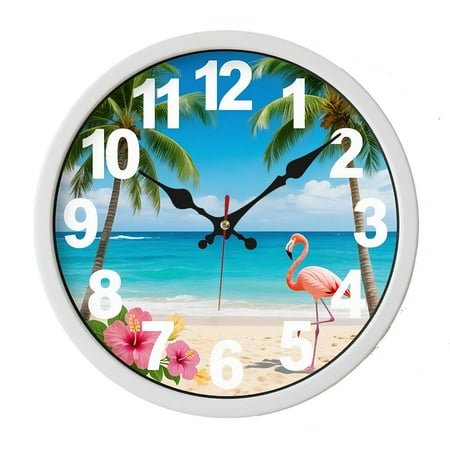 Wooden Wall Clock Tropical Beach & Flamingo 10 Wall Clock - Silent Wooden Round Clock with Digital Display, Battery Operated (AA Not Included) - Vibrant Palm Tree & Flamingo Design for Home,