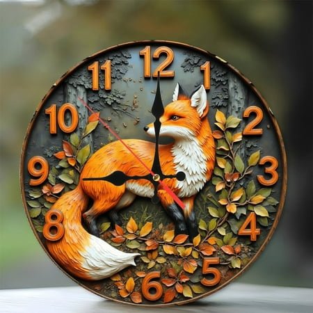 Woodland Fox Wall Clock with Leaf Details And Numbers 10-Inch Silent Wooden Wall Clock, Battery Operated (AA Batteries Not Included), Artistic Home Decor