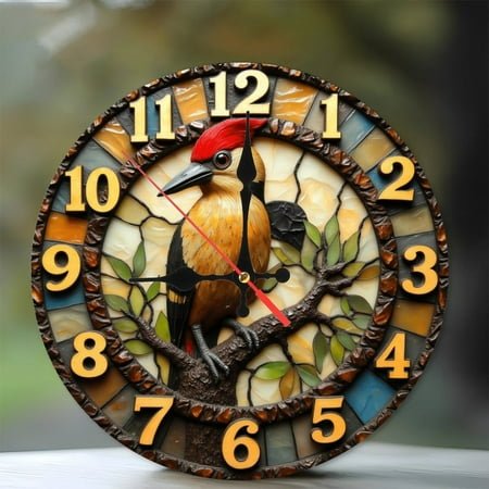 Woodpecker Wall Clock Decorative Art Unique Home Decor 10-Inch Silent Wooden Wall Clock, Battery Operated (AA Batteries Not Included), Artistic Home Decor