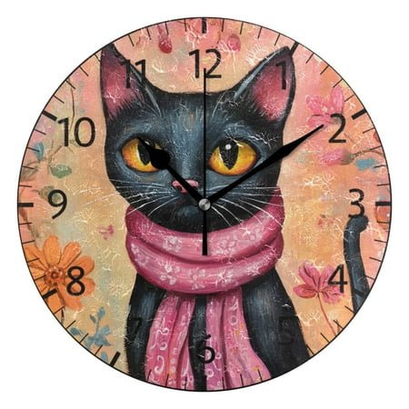 YAZAOO Decorative Wall Clock Size：25cm Black Cat with Pink Scarf Design Pattern Clock