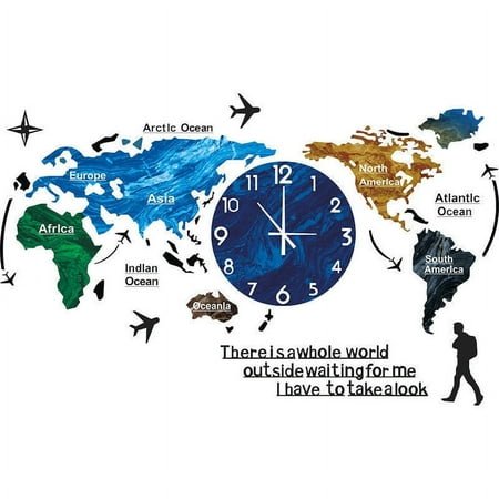 Yutnsbel World Map Wall Clock Home Bedroom Wall Personality Wall Clock