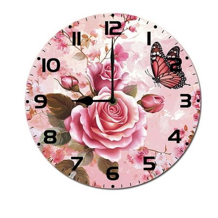 ZXCXRQFa Butterfly Rose Flower Wall-Clock for Girls Analog Battery Operated 15 Inch - Round Wood Wall Clocks Silent Non-Ticking Bathroom Bedroom Decor