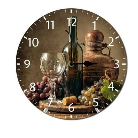 ZXCXRQFa Grapes Wine Glass Bottle Kitchen Home 10 Inch Silent Vintage Design Round Wall Clock Numerals Design Non Ticking Retro Clocks Home Decor Desk Clock