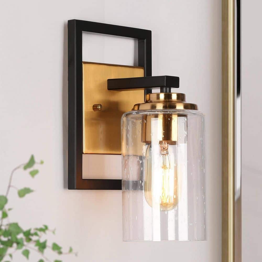 1-Light Brass Gold Modern Indoor Wall Sconce, Black Bathroom Vanity Light, Cylinder...
