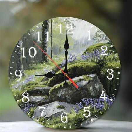 10-Inch Silent Wooden Wall Clock, Moss Covered Rocks Woodland Clock Silent Non-Ticking Clock, Battery Operated (AA Batteries Not Included), Artistic Home Decor