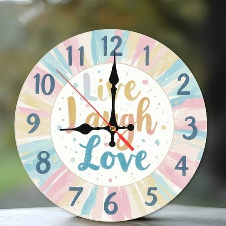 10-Inch Silent Wooden Wall Clock, Pastel Rainbow Live Laugh Love Wall Clock Silent Non-Ticking Clock, Battery Operated (AA Batteries Not Included), Artistic Home Decor