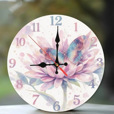 10-Inch Silent Wooden Wall Clock, Pretty Butterfly Flower Watercolor Wall Clock Silent Non-Ticking Clock, Battery Operated (AA Batteries Not Included), Artistic Home Decor