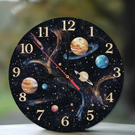 10-Inch Silent Wooden Wall Clock, Universe Galaxy Planets Wall Clock Home Decor Silent Non-Ticking Clock, Battery Operated (AA Batteries Not Included), Artistic Home Decor
