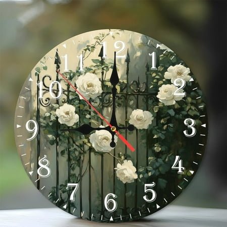 10-Inch Silent Wooden Wall Clock, White Roses Climb Wrought Iron Gate Silent Non-Ticking Clock, Battery Operated (AA Batteries Not Included), Artistic Home Decor