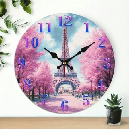 10 inch Round Clock, Eiffel Tower, Pink Trees Print, Wall Decor for Linving Room Wall art Decor - Great for Living Room, Kitchen, Dorm Decoration and Daily Practical Gift