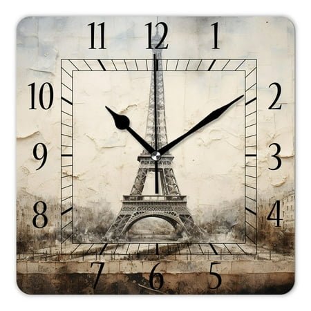 10 Inch Wall Clock Battery Operated Silent Clock Decorative for Office, Kitchen, Outdoor, Living Room，Paris Eiffel Tower France Print
