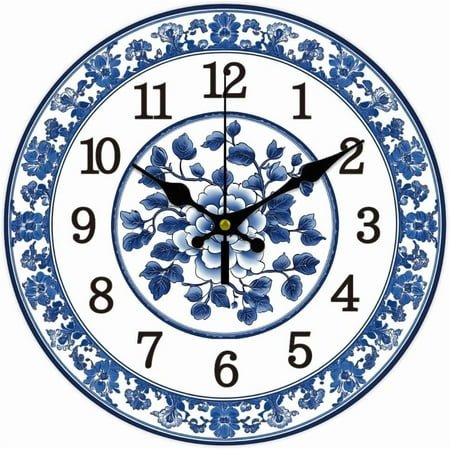 12inch Blue and White Porcelain Wall Clock Battery Operated Silent Non Ticking Flowers Round Decorative Clock for Office Home Kitchen Decor