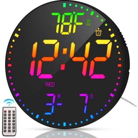12 Inch Large Digital Wall Clock with Remote Control,RGB Color,Timer Date Temperature Display,Modern Clock for Living Room Bedroom Decor, Gift for Elderly (Black Mirror, 12)