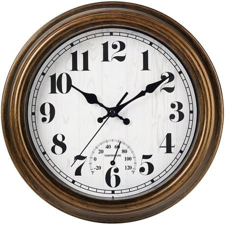 12 Inch Retro Wall Clock,Indoor and Outdoor,Quartz,Analog,Waterproof,Thermometer,Bronze