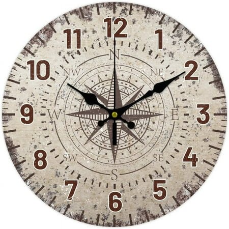 12inch Vintage Nautical Compass Wall Clock Silent Wall Clocks Round Digital Clocks Battery Operated Clock for Home Decor Living Room Kitchen Office