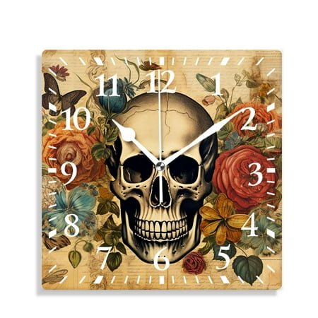 12 Inch Wall Clock Battery Operated Silent Clock Decorative for Office, Kitchen, Outdoor, Living Room，Tatoo Skull on Floral Background Beautiful Design