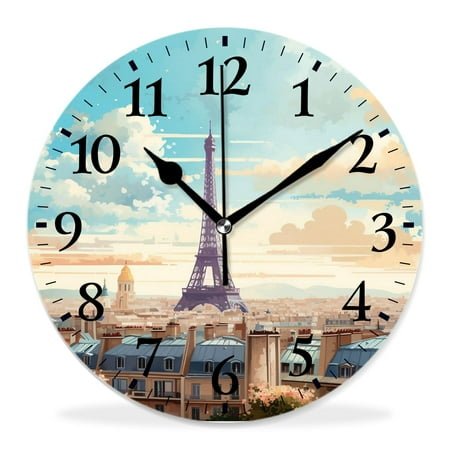 12 Inch Wall Clock Battery Operated Silent Clock Decorative for Office, Kitchen, Outdoor, Living Room，Eiffel Tower France Paris City Drawing