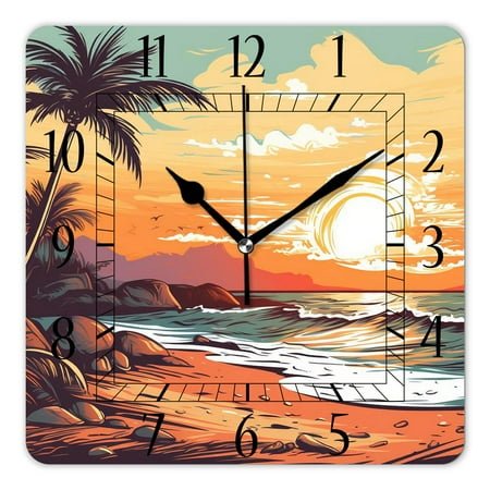 12 Inch Wall Clock Battery Operated Square Clock Decorative for Office, Kitchen, Outdoor, Living Room，Palm Trees Hawaiian Tropical Seashore Beach Elegant Design