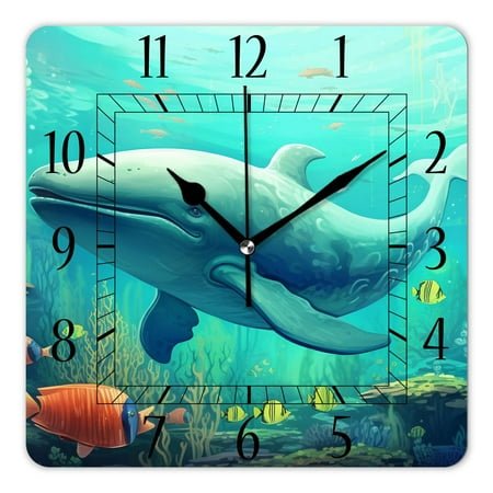 12 Inch Wall Clock Battery Operated Square Clock Decorative for Office, Kitchen, Outdoor, Living Room，Massive Whale The Master of The Oceans Themedround Planet Nature,Blue Orange Pattern