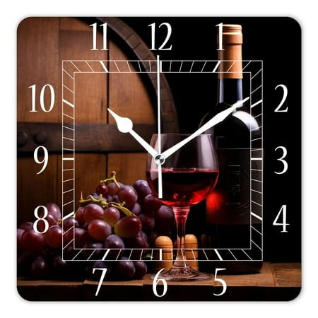 12 Inch Wall Clock Battery Operated Square Clock Decorative for Office, Kitchen, Outdoor, Living Room，Black Bottle and Glass of Red Wine Lovely Pattern