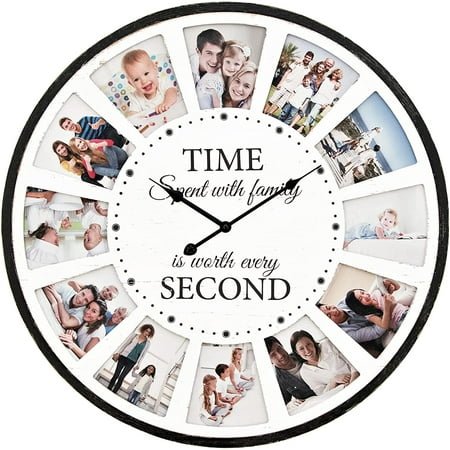 12 Photo Collage Family Wood Wall Clock, Rustic Farmhouse Wall Clock, Large Oversized Wall Clocks for Home, Kitchen, Living Room, Silent Battery Powered 25 Inch White