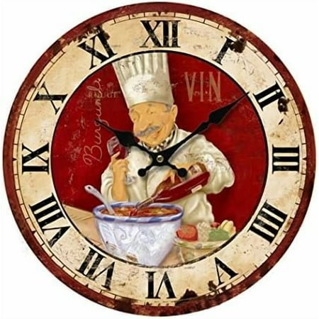 13.5 inch Vintage Wall Clock Italian Cooking Chef Clock Non-Ticking Clock Kitchen Wood Wall Clock