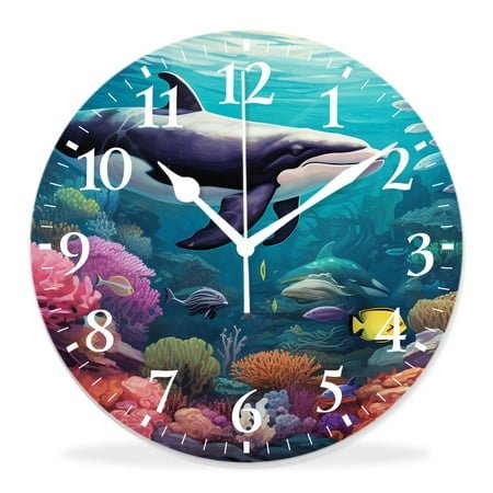 14 Inch Wall Clock Battery Operated Silent Clock Decorative for Office, Kitchen, Outdoor, Living Room，Massive Whale The Master of The Oceans Themedround Planet Nature,Blue Orange Illustration