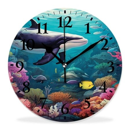 14 Inch Wall Clock Battery Operated Silent Clock Decorative for Office, Kitchen, Outdoor, Living Room，Massive Whale The Master Of The Oceans Themedround Planet Nature,Blue Orange Illustration