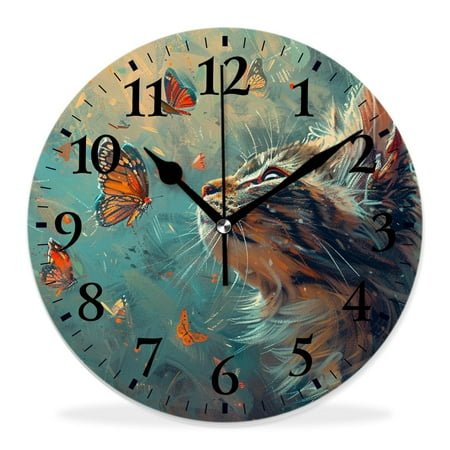 14 Inch Wall Clock Battery Operated Silent Clock Decorative for Office, Kitchen, Outdoor, Living Room，Portrait of Cat Butterflies Animals Stunning