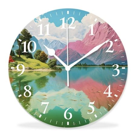 14 Inch Wall Clock Battery Operated Silent Clock Decorative for Office, Kitchen, Outdoor, Living Room，Nature Scene Red Peaks Over Calm High Mountain Lake Painting