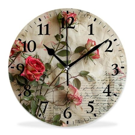 14 Inch Wall Clock Battery Operated Silent Clock Decorative for Office, Kitchen, Outdoor, Living Room，Paris Travel Vintage Newspaper Beautiful Rose Flower Charming