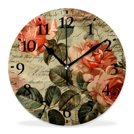 14 Inch Wall Clock Battery Operated Silent Clock Decorative for Office, Kitchen, Outdoor, Living Room，Paris Travel Vintage Newspaper Beautiful Rose Flower Amazing