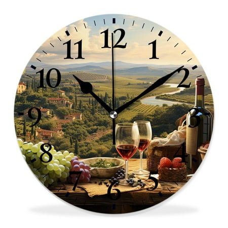 14 Inch Wall Clock Battery Operated Silent Clock Decorative for Office, Kitchen, Outdoor, Living Room，Wine Italy Landscape Rural Vineyard Elegant