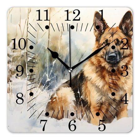 14 Inch Wall Clock Battery Operated Square Clock for Office, Kitchen, Outdoor, Living Room,German Shepherd In Watercolor Green Forest with Snowflake Painting