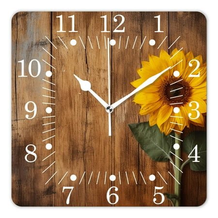 14 Inch Wall Clock Battery Operated Square Clock for Office, Kitchen, Outdoor, Living Room,Yellow Sunflower Brown Burlap on Wooden Exquisite