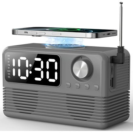 15W Fast Wireless Charger with Bluetooth Speaker and Alarm Clock Radio,4 in1 Wireless Charging Station for iPhone,Android Phones with FM Radio for Bedroom Gray 7inch Gray 7inch