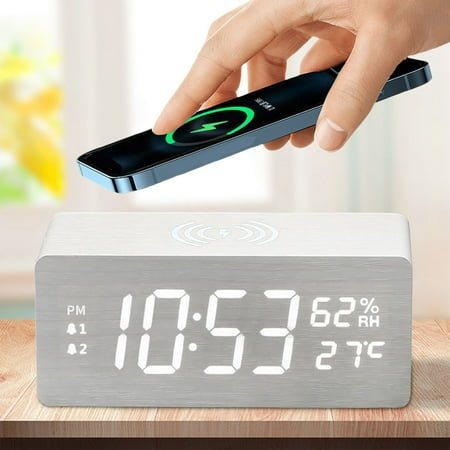 15W Wooden Wireless Charging Clock | LED Luminous Digital Alarm | Temperature Humidity Display | Fast Wireless Phone Charger | Silent Operation | Night Light | 146x62x68mm | USB Powered