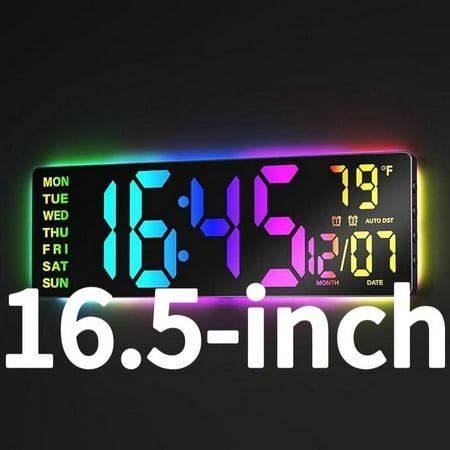 16.5 & 12 Large Digital Wall Clock with Remote Control, RGB Atmosphere Lights with 11 Scenes Mode, Dual Alarms with Big LED Display, Classroom, Game Decor Home Goods Auto Dst Adjustment