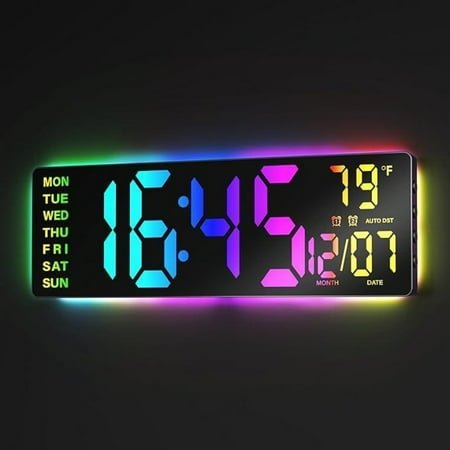 16.5 Large Digital Wall Clock with Remote Control, RGB Atmosphere Lights with 11 Scenes Mode, Dual Alarms with Big LED Display, Classroom, Game Decor Home Goods Auto Dst Adjustment