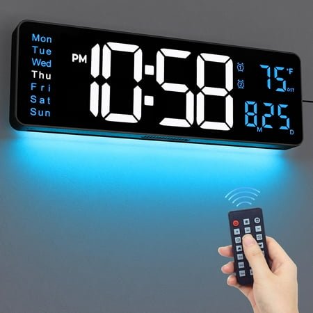 16 Large Digital Wall Clock with Remote Control, Large Display with Night Light, DST, Date, Week, Temperature, Dimmer, Dual Alarm, Plug in LED Wall Digital Clocks for Living Room Decor (Green) C80
