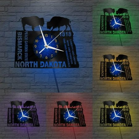 1818 North Dakota History 12 Inch Vinyl Record Wall Clock - Silent, Creative, and Unique Clock for Living Room, Entryway, or Bedroom Decor - Perfect Gift Idea(12 inchs B with LED)