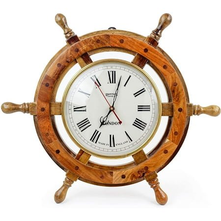 18 Nautical Ship Wheel with 8 Quartz Clock | Pirate's Home Decor Hanging Stuff | Coastal Beach Themed Wall Hanging Accessory | Retired Naval Officer Maritime Gift