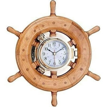 18 Wooden Ship Wheel Mounted With Solid Brass Porthole Time Clock | Nautical Wall & Home Decor Ideas | Vintage Retro Ideas | Premium Lavish Maritime Gifts | Room Hanging Decorative Sculptures